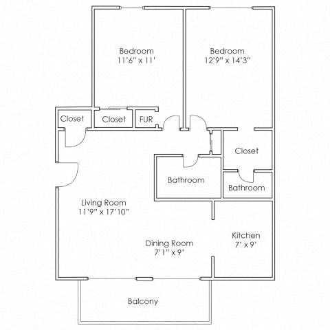 Floor plan for 2 beds, 1.5 baths, 935 sqft